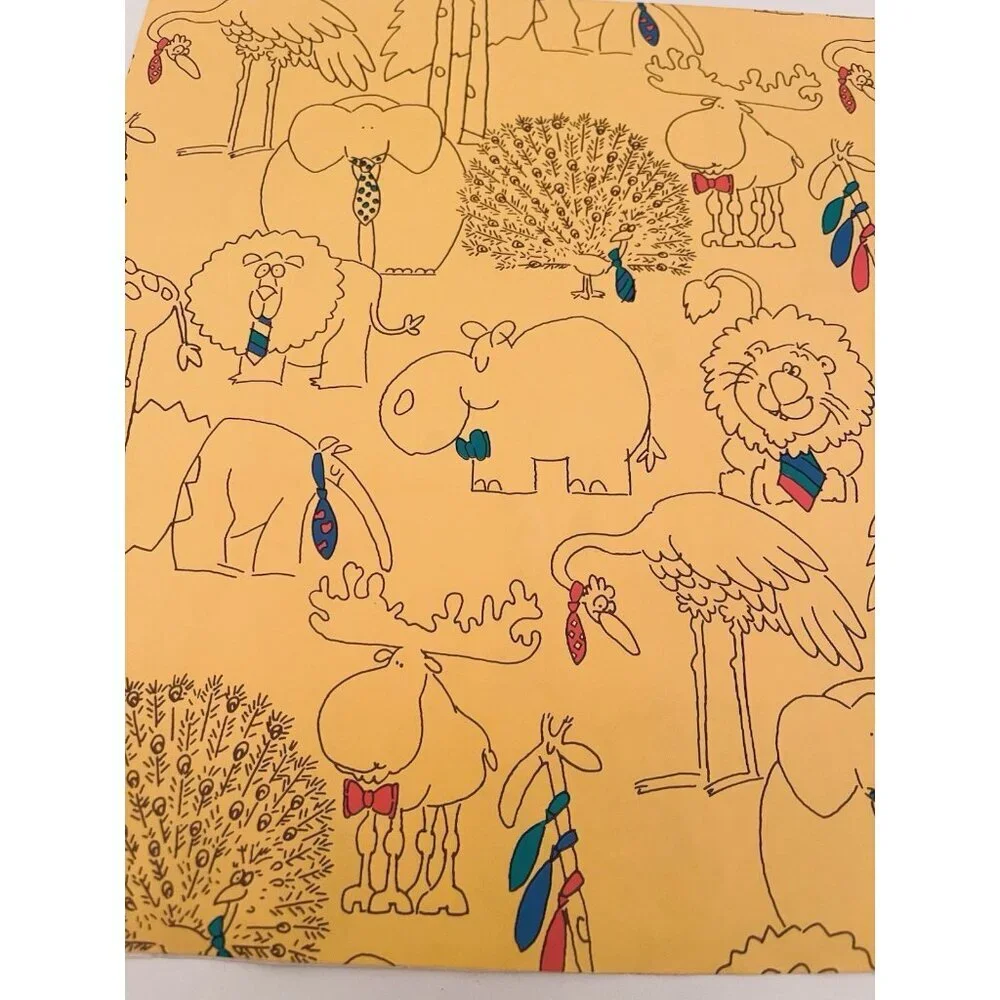 Vintage Gift Wrap Circus Clowns & Animals in Ties Yellow 80s Moose Peacock Paper